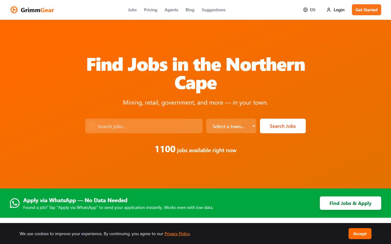 GrimmGear Jobs platform showing town-level job search across South Africa and Namibia