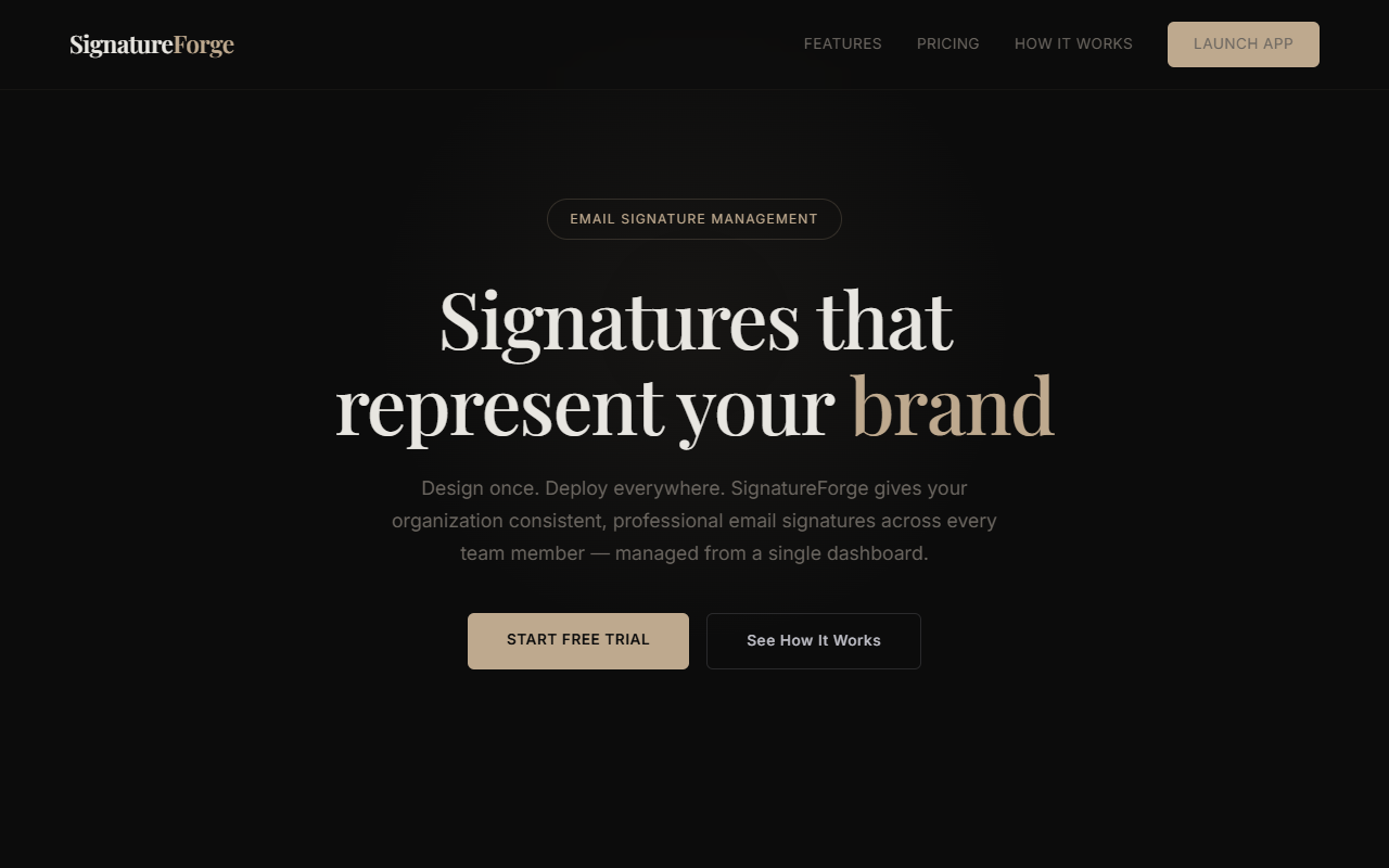 SignatureForge platform interface showing the email signature designer and deployment dashboard