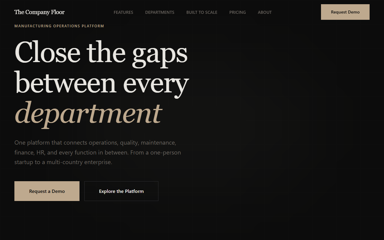 The Company Floor platform dashboard showing manufacturing operations overview with quality, maintenance, production, and safety modules